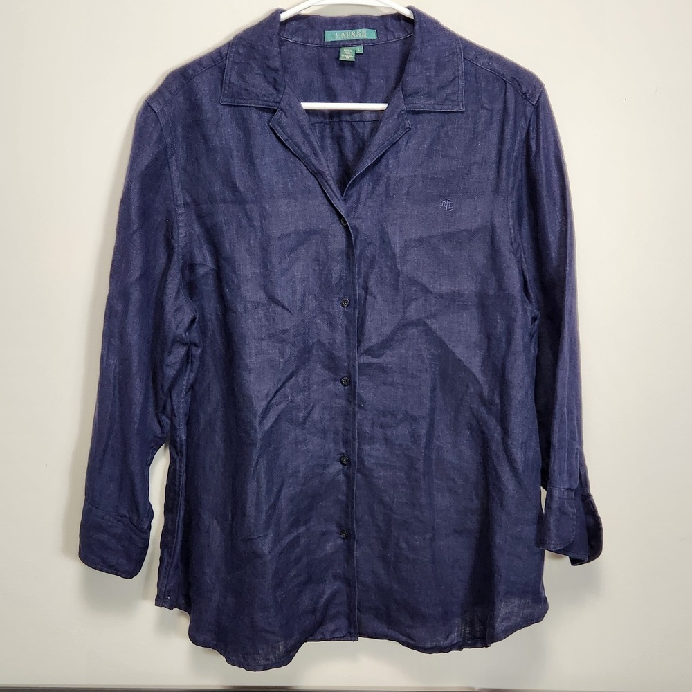 Ralph Lauren Womens Navy Blue Linen Button Up Shirt Logo Embroidered sz L